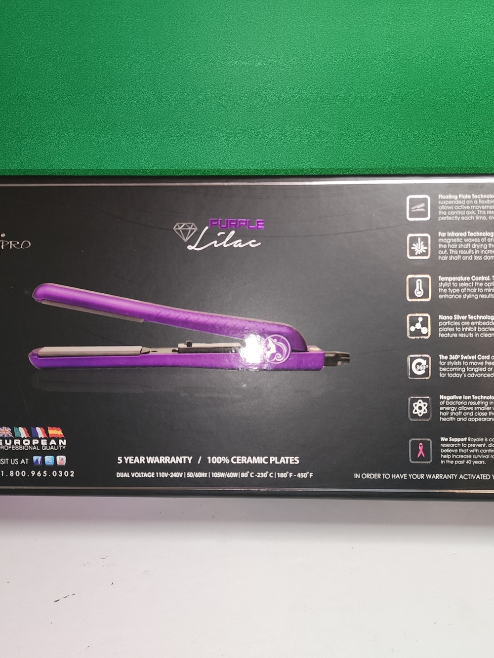 Royale Pro Purple Lilac 100% Ceramic Flat Iron Hair Straightener with Clips Box
